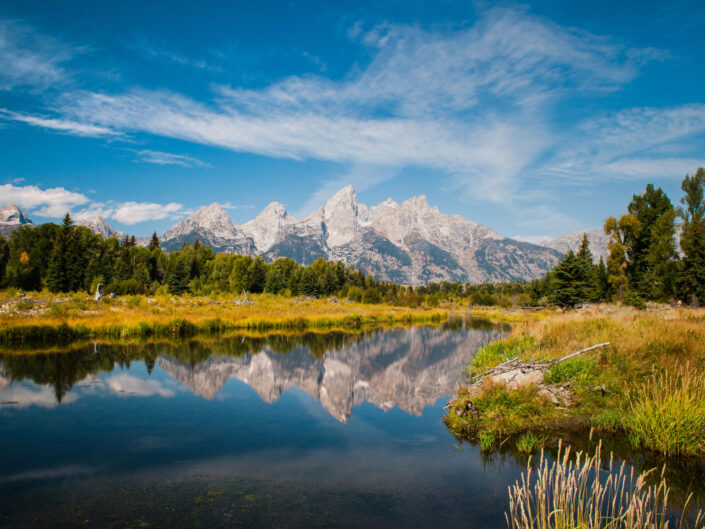 Schwabacher's Landing with the Snake River and Teton Range reflections.