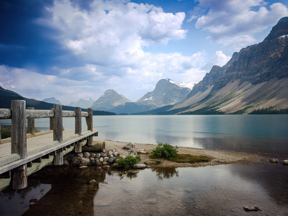 View of Bow Lake, a glacial jewel in the Canadian Rockies.